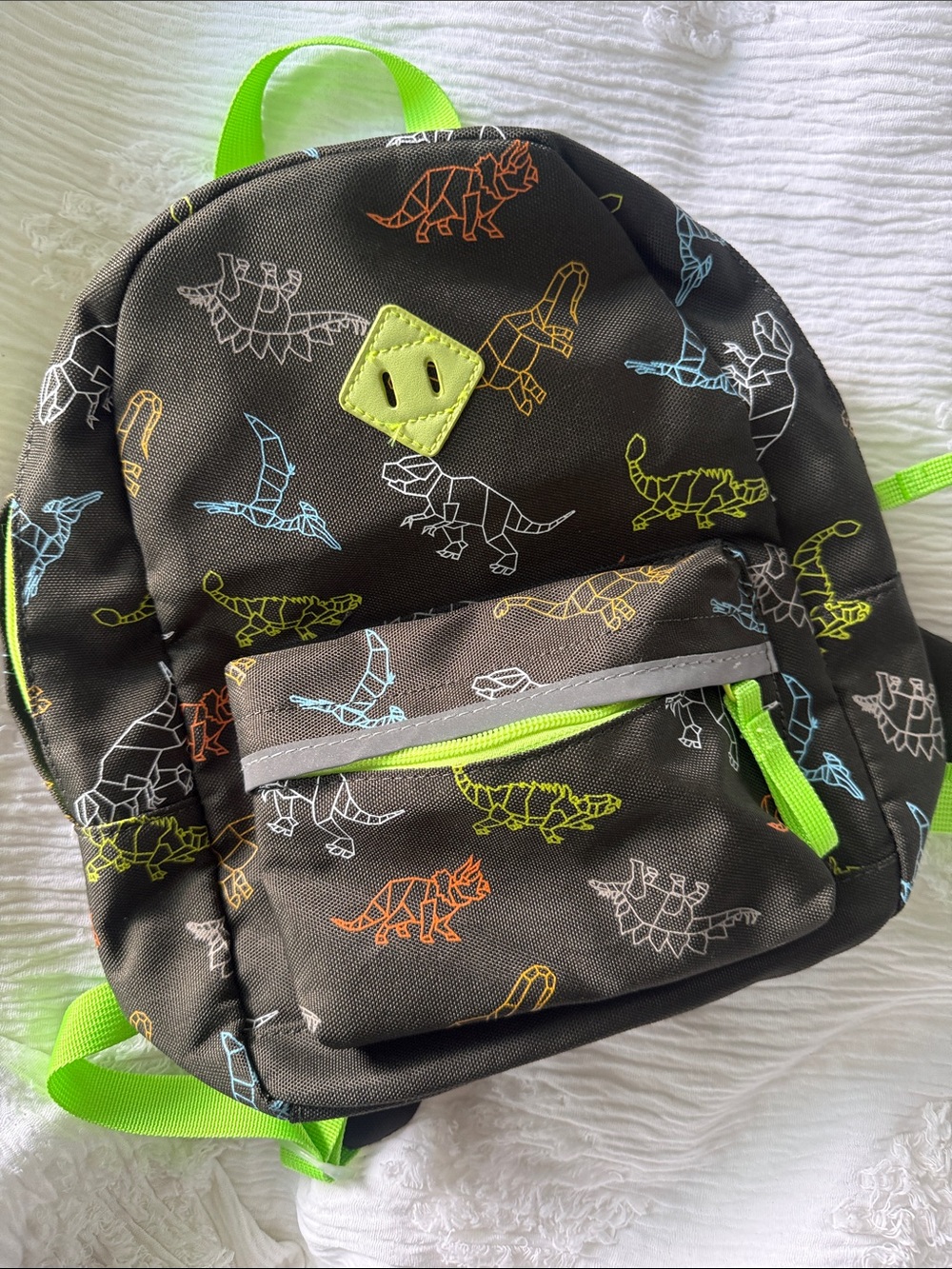 Cat & Jack Charcoal Gray backpack w/ Neon Green Trim and Colorful Dinosaur Print